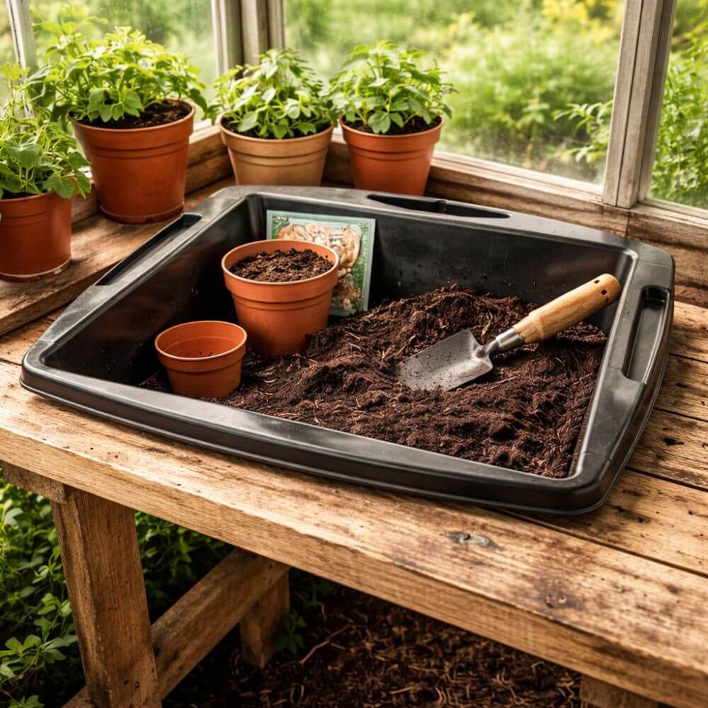 Gardening setup with pots, soil, and a trowel on a wooden table.