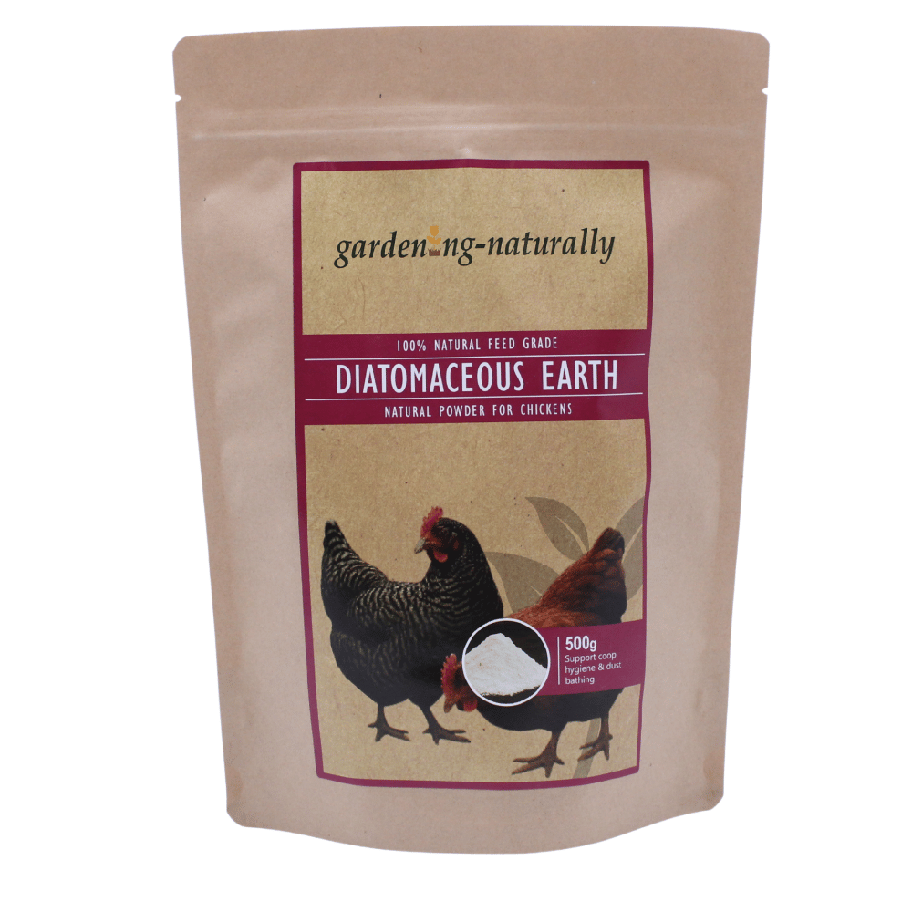 Package of garden.naturally Diatomaceous Earth for chickens on a beige background