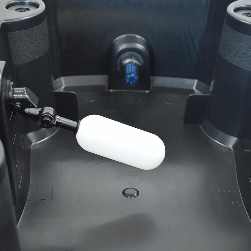 Quadrow of a white float valve inside a black water-filled tank, with part of the tubing and an outlet fitting visible.