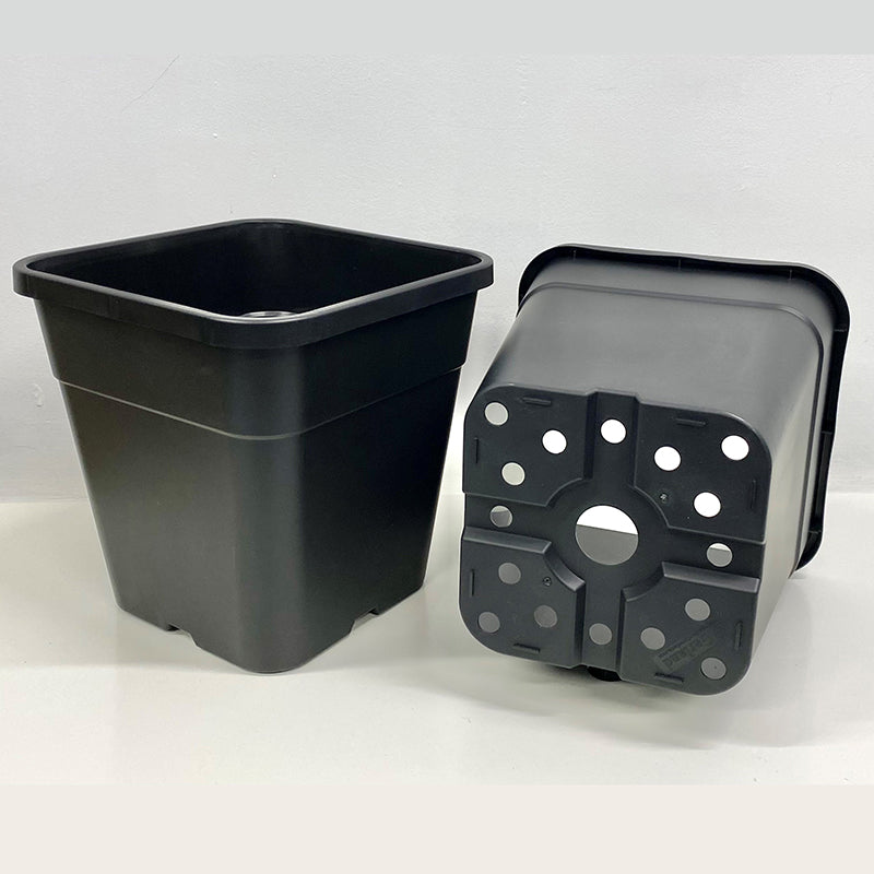 Two black, 11-litre pots for quadgrow system, with multiple drainage holes.