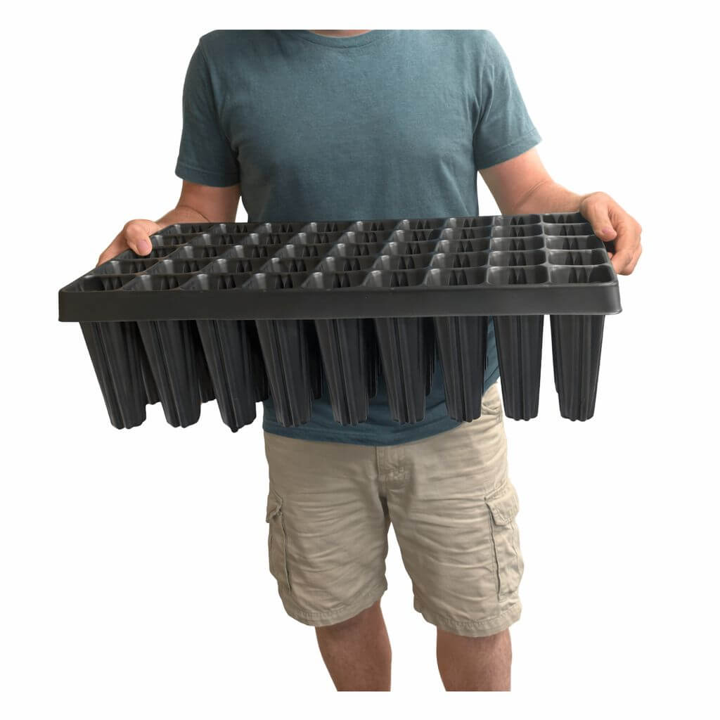 Person holding a large black plastic seedling tray with multiple compartments on a white background