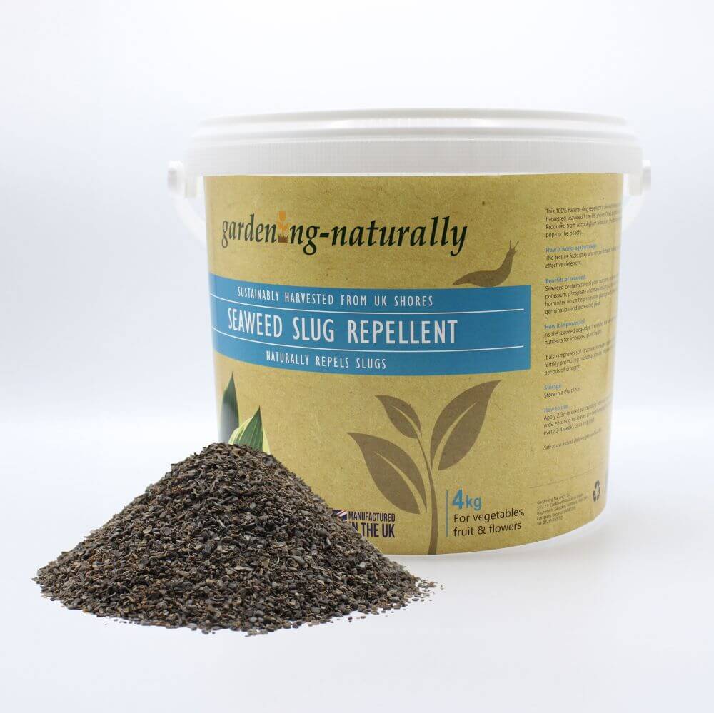 Seaweed slug repellent with packaging labeled 'growing-naturally' on a white background