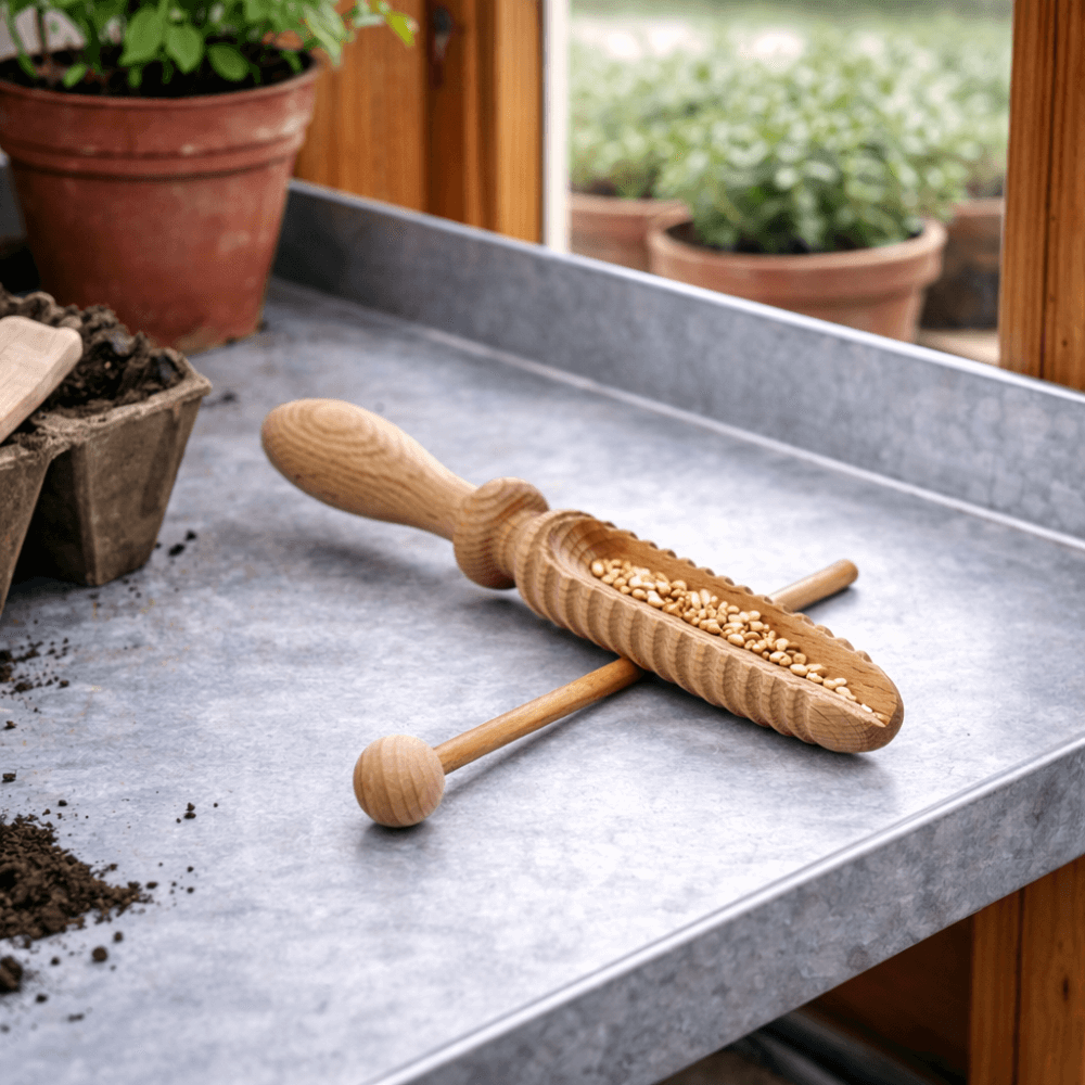 Seeder seed chute in wooden greenhouse