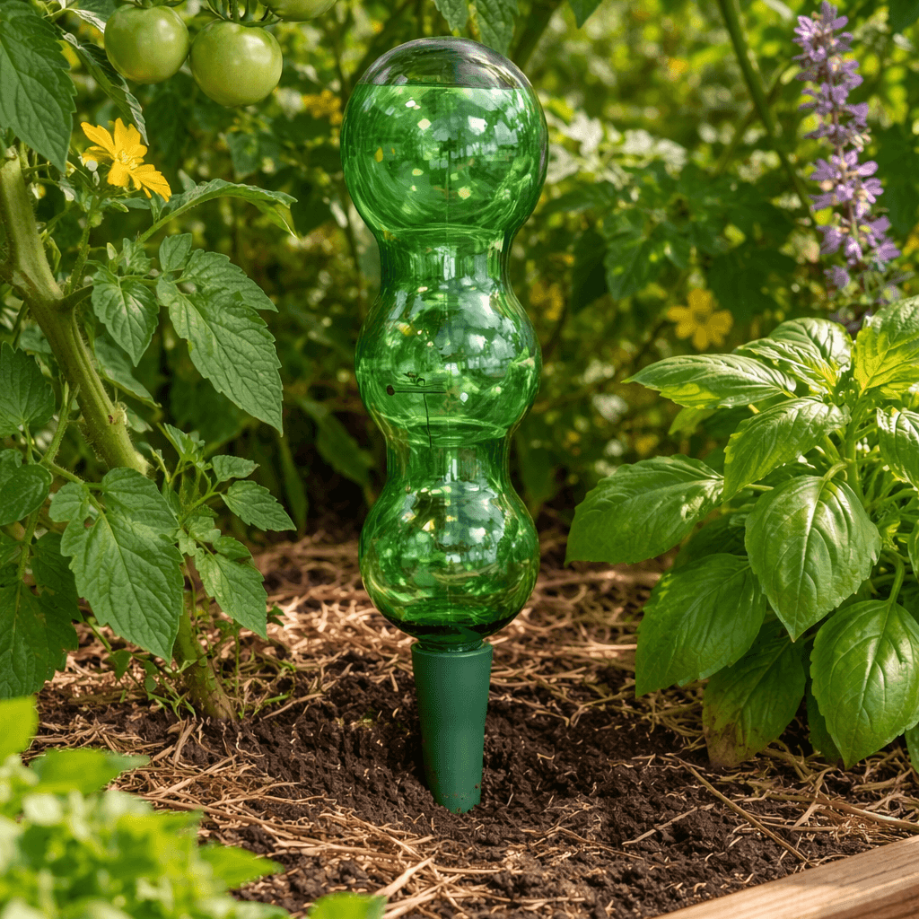 Green garden sprinkler in a garden setting with plants and flowers.