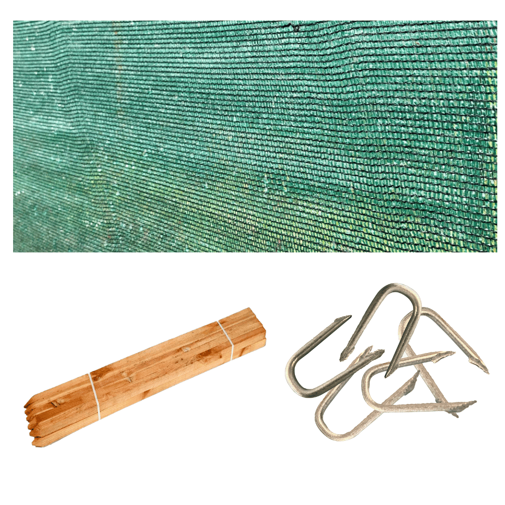 Green shade fabric, wooden stakes, and metal hooks on a white background