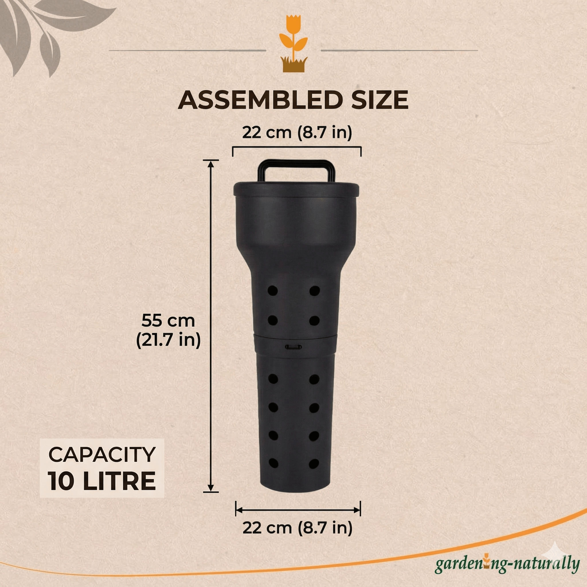 Black underground composter with dimensions and capacity details on a beige background