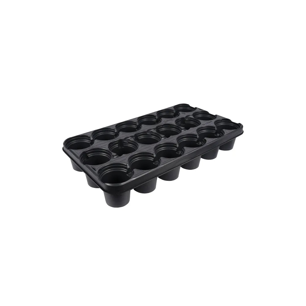 Black plastic tray with multiple small compartments for 9cm plant potson a white background