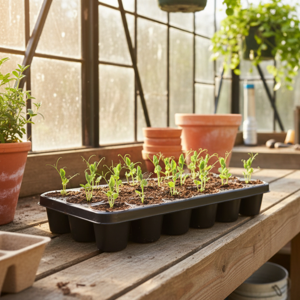 Seedlings in a black tray on a wooden table with potted plants in the background.