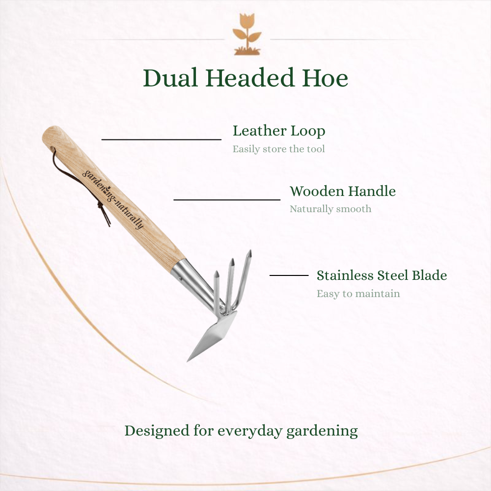 Dual-headed hoe with leather loop, wooden handle, and stainless steel blade on a white background