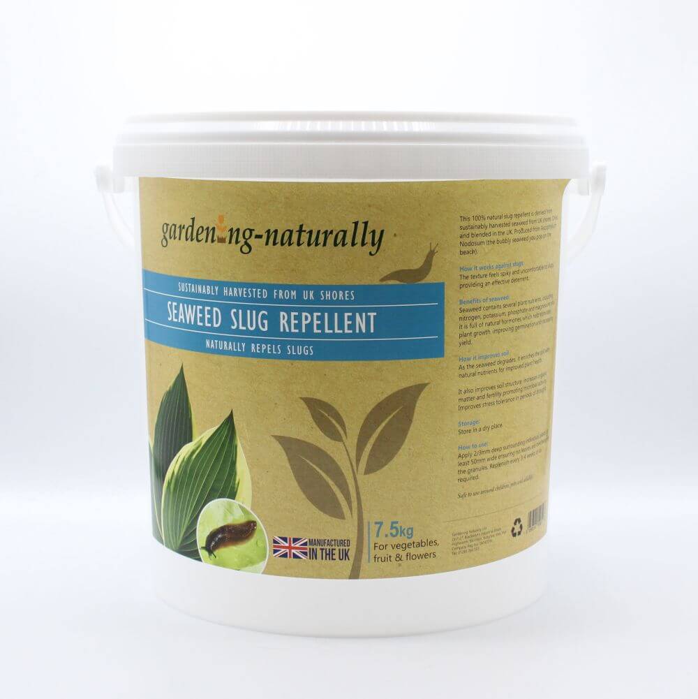 Seaweed slug repellent container with label on a white background