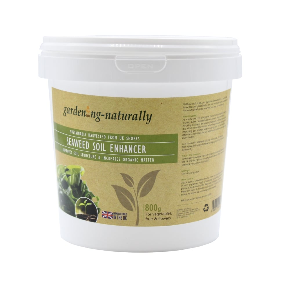 Seaweed soil enhancer container with a gardening naturally  label on a white background