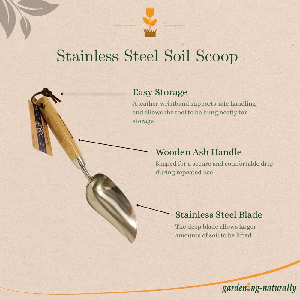 Garden  Soil Scoop with wooden handle on beige background and benefits pointed out