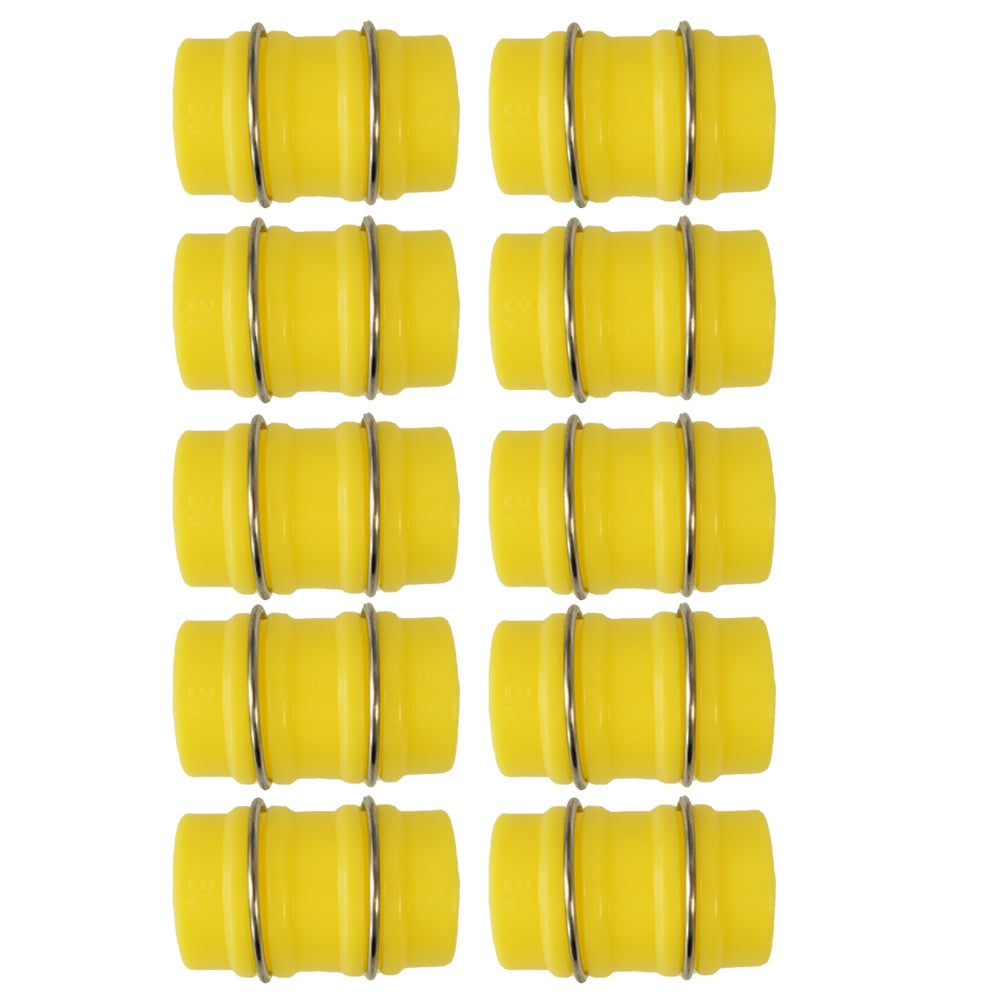 Yellow rubber bushings with metal washers pipe clips on a white background