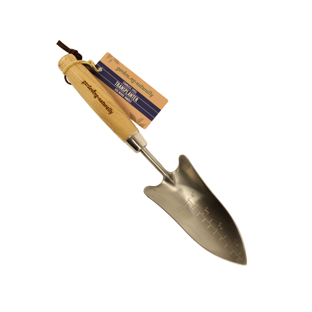 Gardening trowel for transplanting with wooden handle and brand tag on a white background