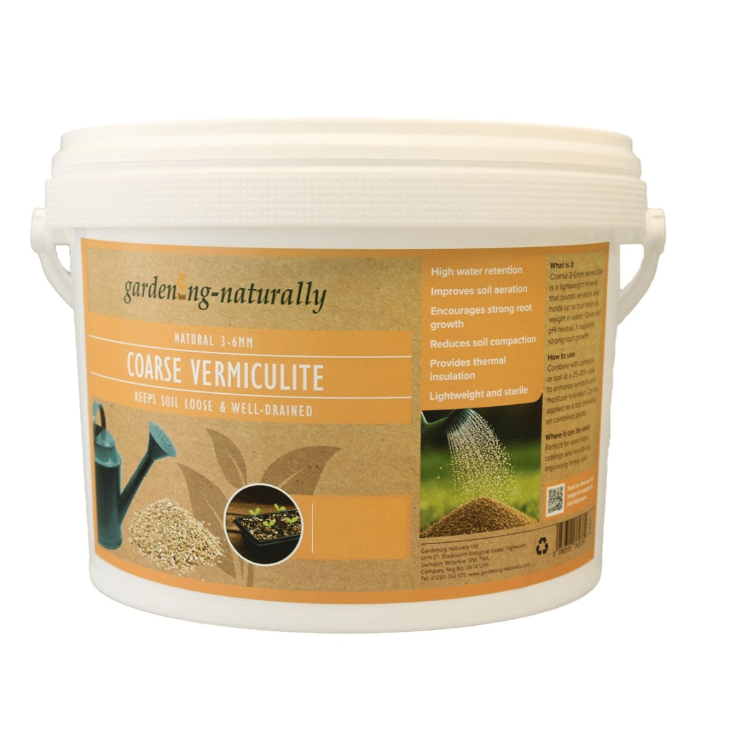 Bucket of garden-vermiculite with a Gardening Naturally label on a white background