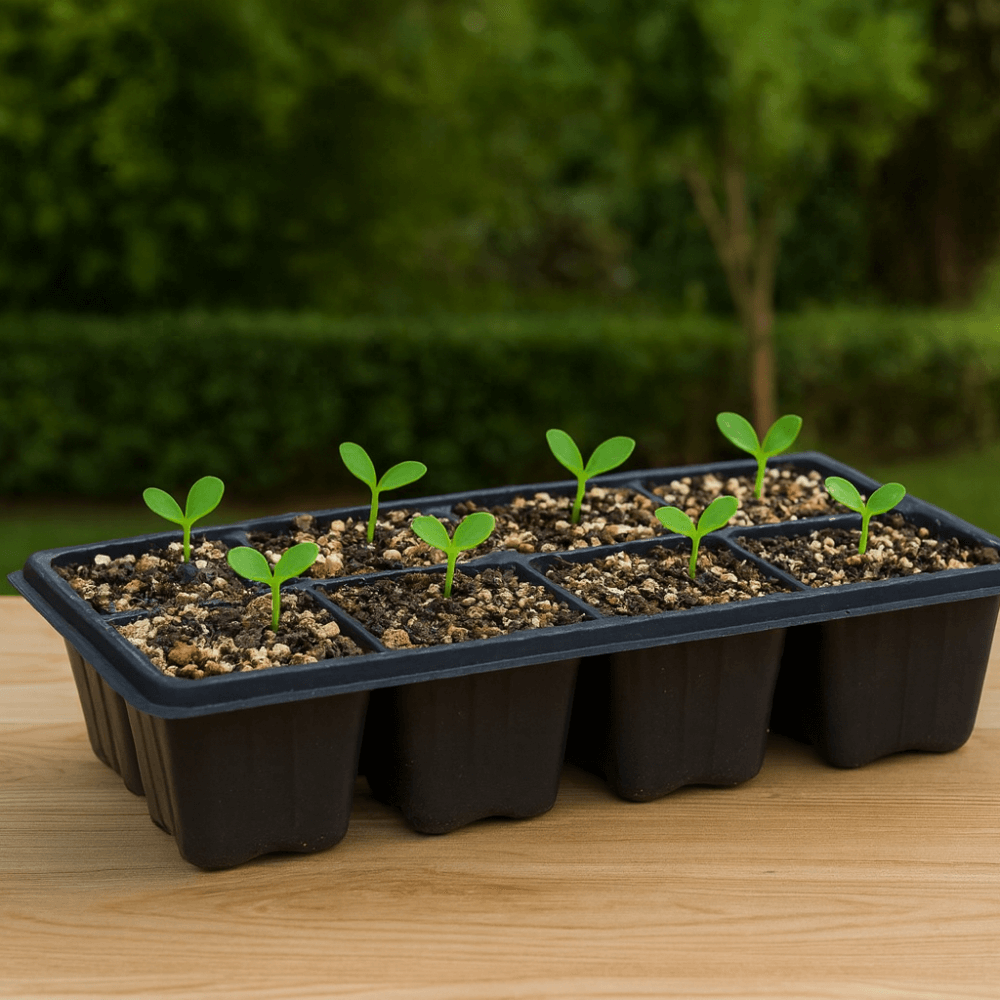 Seedling tray with young plants on a wooden surface