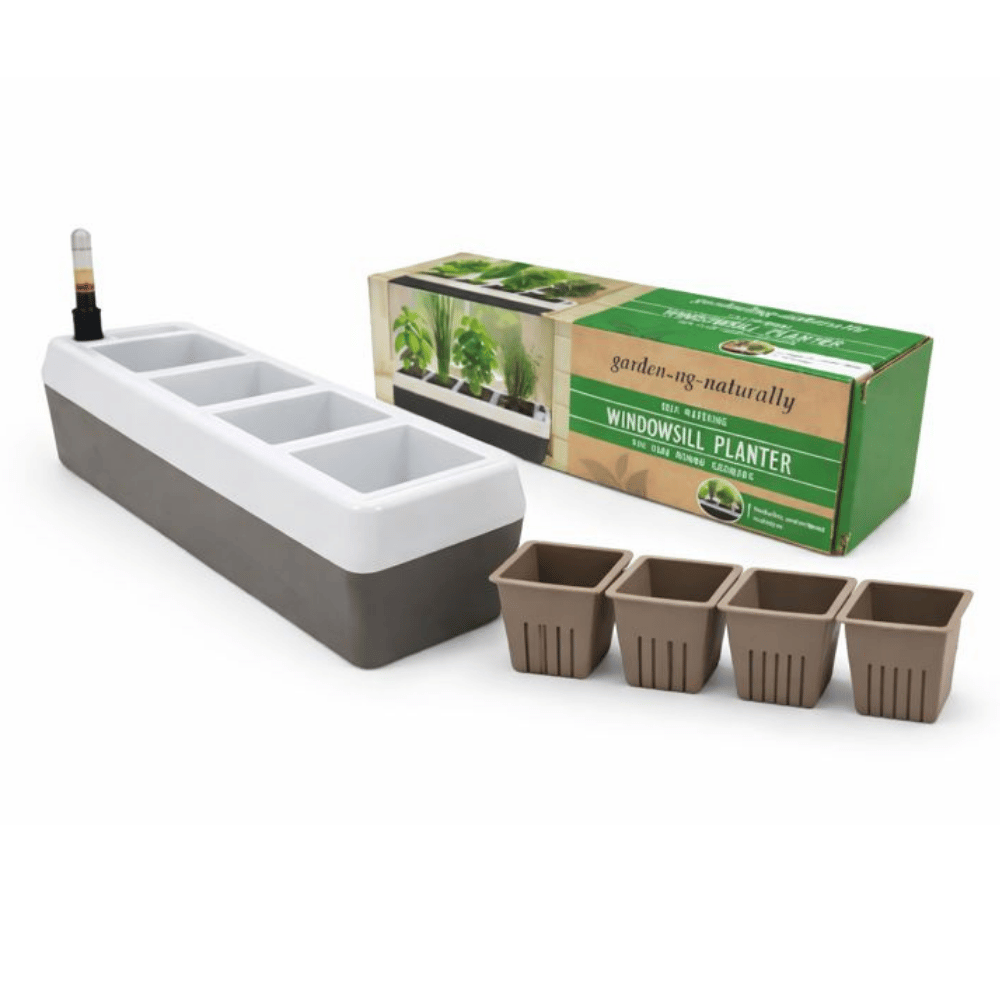 windowsil planter showing 4 inside containers and box