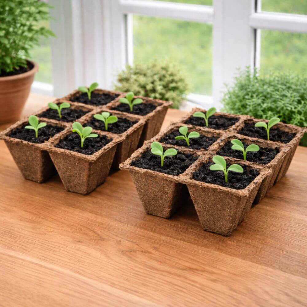Seedling trays with young plants on a wooden surface near a window.