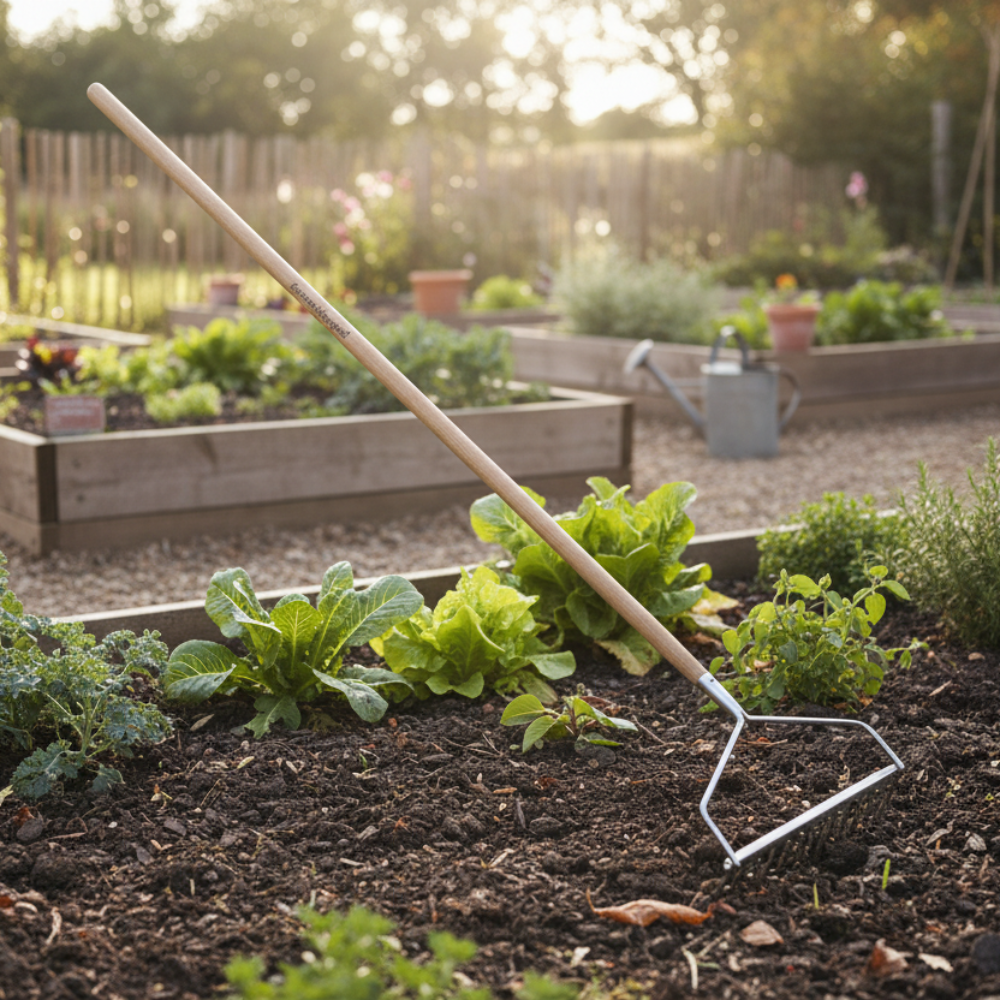 a long handled rake in the soil