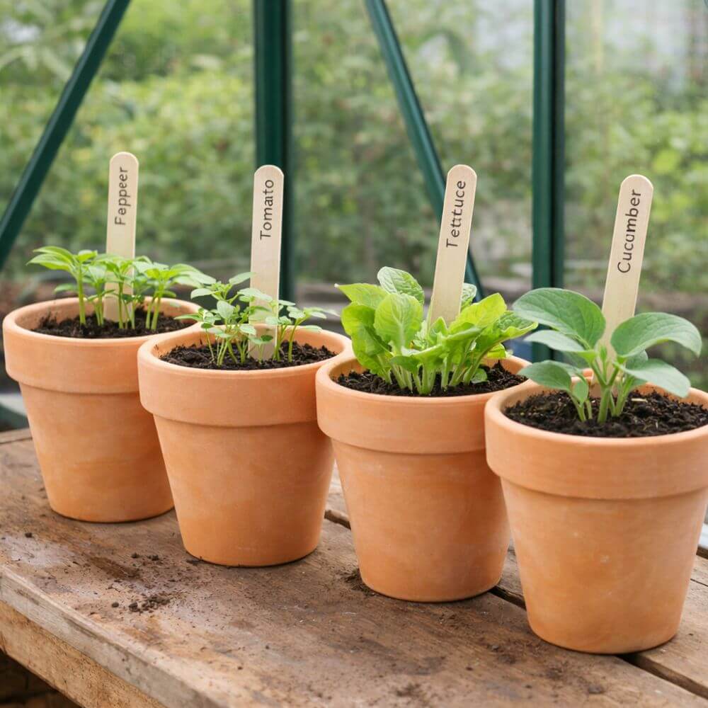 Wooden plant labels in pots in greenhouse