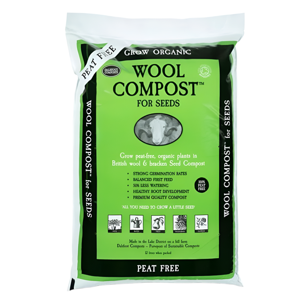 Packaged Wool Compost for seeds with green and white design on a white background