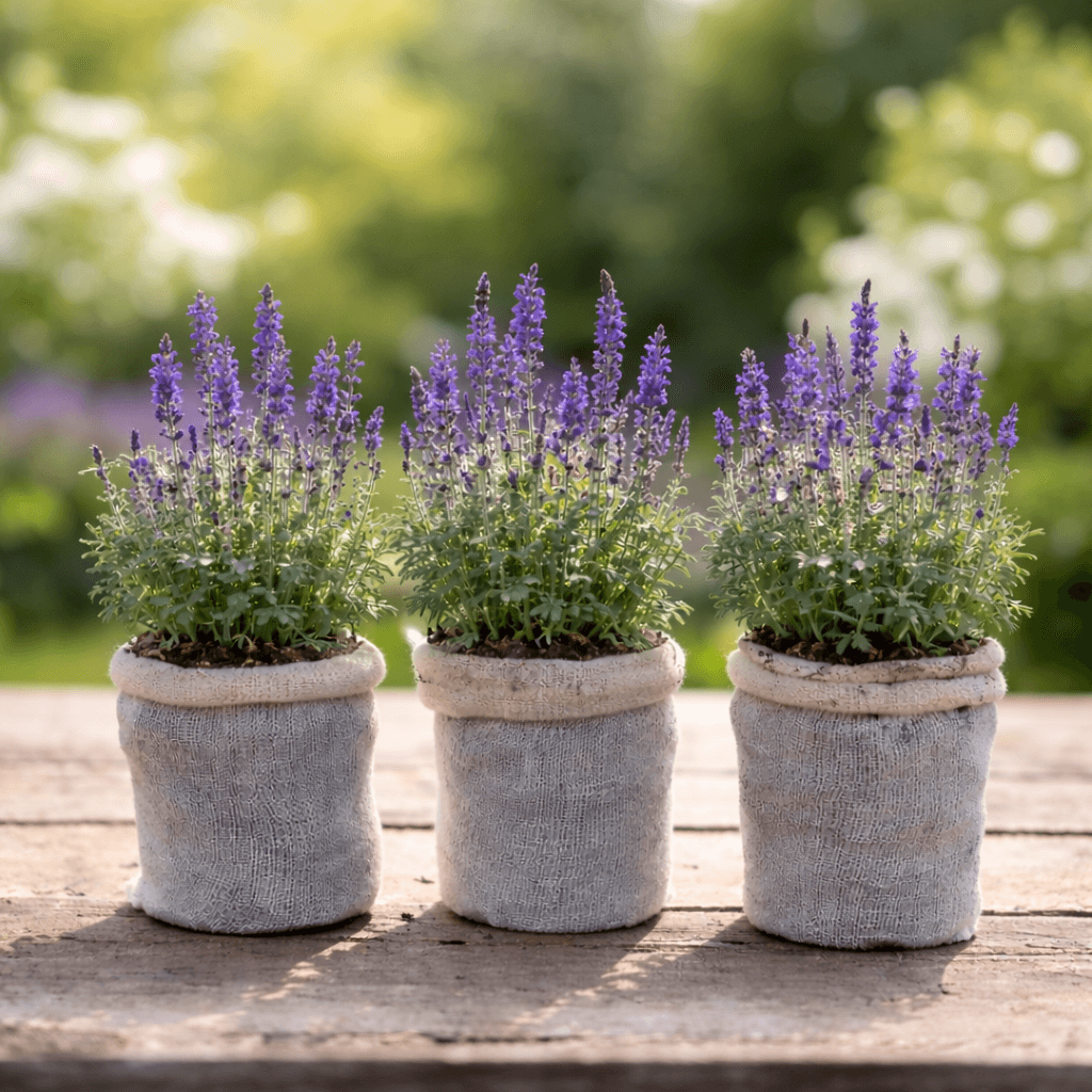 Three potted lavender plants on a wooden surface with a blurred garden background