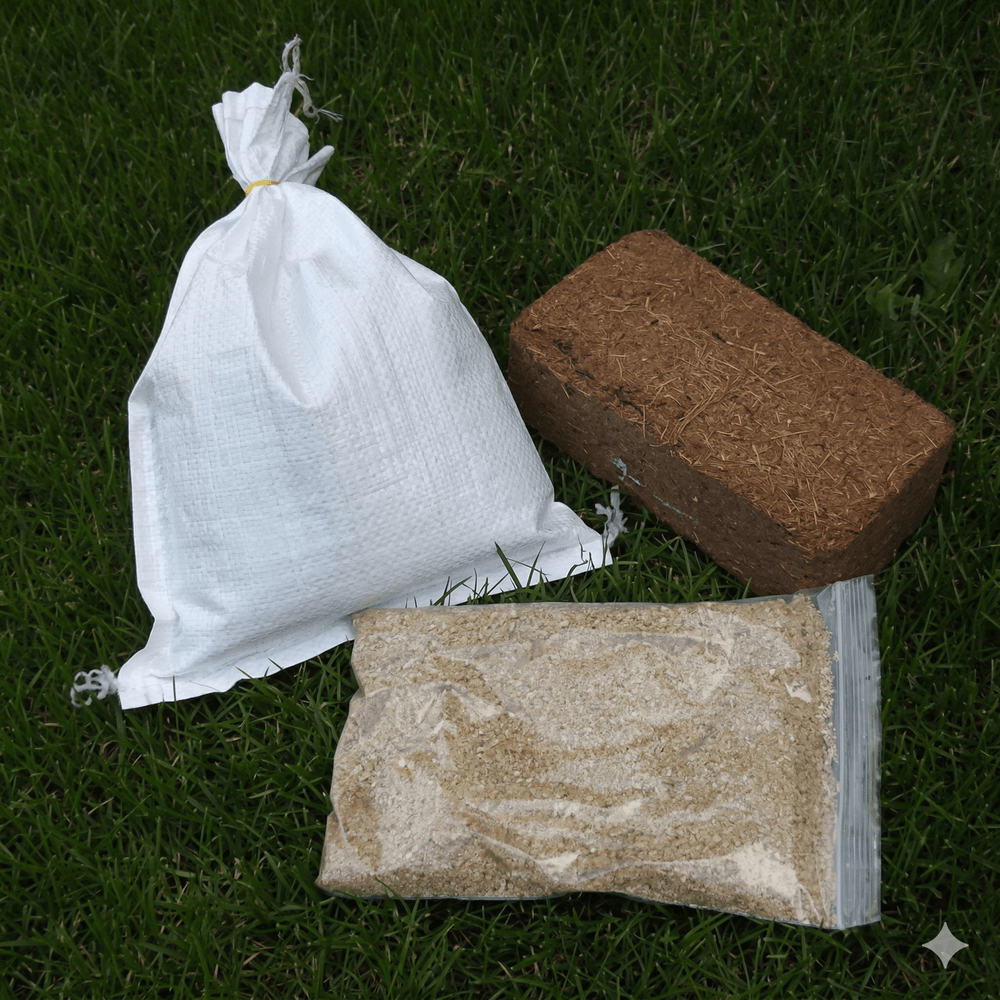 worms, coir and lime components in bags on grass