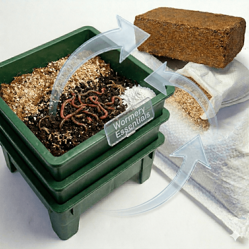 essential kit showing coir lime and worms in a wormery