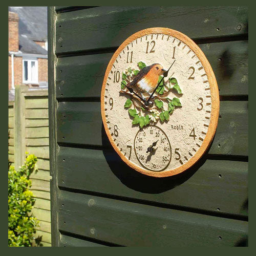 Outdoor Robin Wall Clock and Thermometer